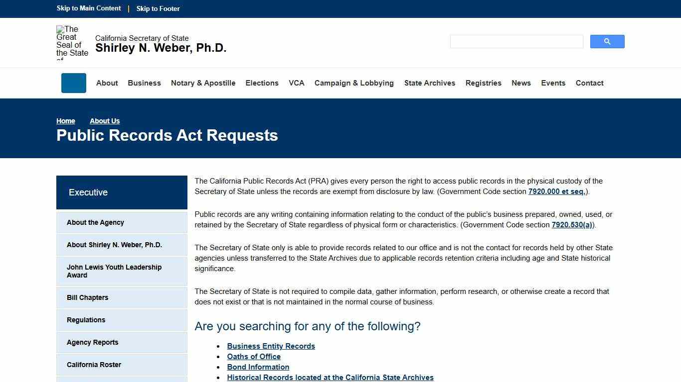 Public Records Act Requests :: California Secretary of State